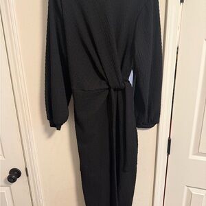 Black Long Sleeve Knot Waist Dress